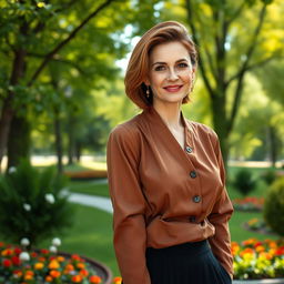 An elegant and attractive Russian woman aged 45-50 with a fashionable hairstyle