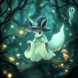 A mesmerizing scene featuring an Evoli (Eevee) that has evolved into a ghost type, transformed into a whimsical witch