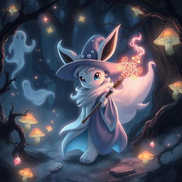 A mesmerizing scene featuring an Evoli (Eevee) that has evolved into a ghost type, transformed into a whimsical witch