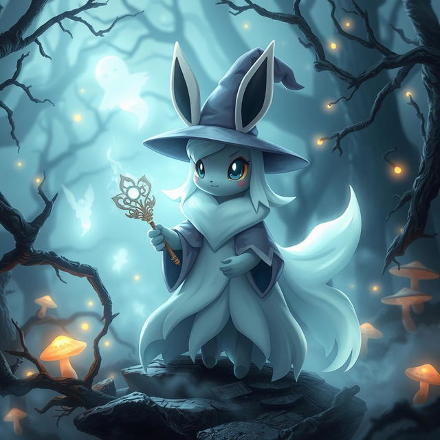 A mesmerizing scene featuring an Evoli (Eevee) that has evolved into a ghost type, transformed into a whimsical witch