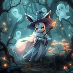 A mesmerizing scene featuring an Evoli (Eevee) that has evolved into a ghost type, transformed into a whimsical witch
