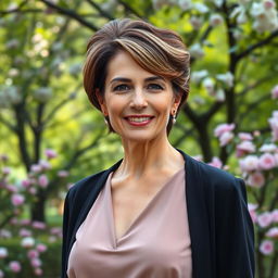 A glamorous and sophisticated Russian woman aged 45-50 with a trendy hairstyle