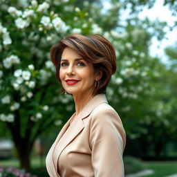A glamorous and sophisticated Russian woman aged 45-50 with a trendy hairstyle