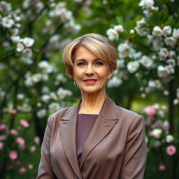 A glamorous and sophisticated Russian woman aged 45-50 with a trendy hairstyle