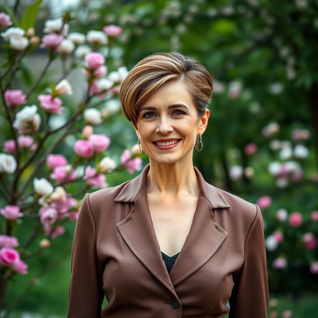 A glamorous and sophisticated Russian woman aged 45-50 with a trendy hairstyle