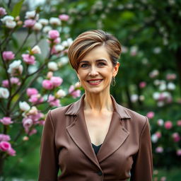 A glamorous and sophisticated Russian woman aged 45-50 with a trendy hairstyle