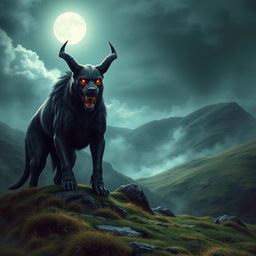 A book cover design depicting a large, menacing demonic hound standing ominously on the rugged Scottish Moors