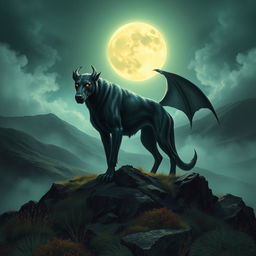 A book cover design depicting a large, menacing demonic hound standing ominously on the rugged Scottish Moors