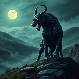 A book cover design depicting a large, menacing demonic hound standing ominously on the rugged Scottish Moors