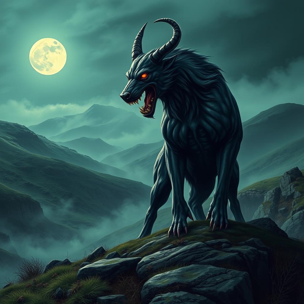 A book cover design depicting a large, menacing demonic hound standing ominously on the rugged Scottish Moors