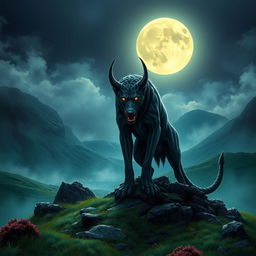 A book cover design depicting a large, menacing demonic hound standing ominously on the rugged Scottish Moors