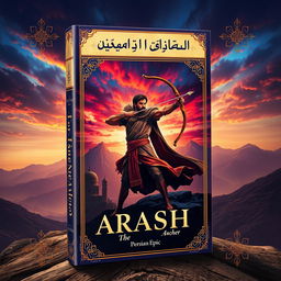 A beautifully designed book cover for the Persian epic 'Arash the Archer', featuring Arash in a heroic pose, standing tall with a bow in hand, against a dramatic sky illuminated with vibrant colors