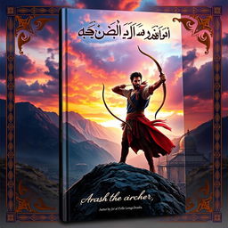 A beautifully designed book cover for the Persian epic 'Arash the Archer', featuring Arash in a heroic pose, standing tall with a bow in hand, against a dramatic sky illuminated with vibrant colors