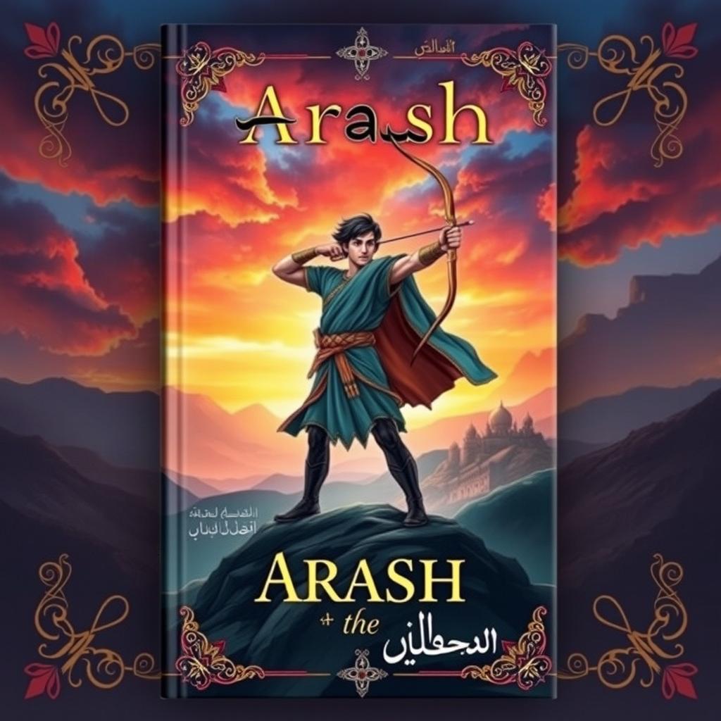 A beautifully designed book cover for the Persian epic 'Arash the Archer', featuring Arash in a heroic pose, standing tall with a bow in hand, against a dramatic sky illuminated with vibrant colors