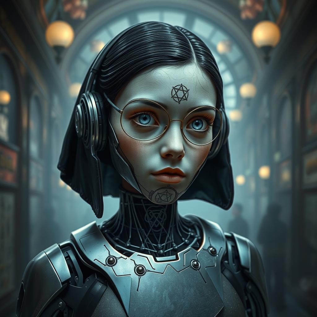 A surreal interpretation of a cyborg inspired by Anne Frank, blending elements of Jewish culture and sci-fi