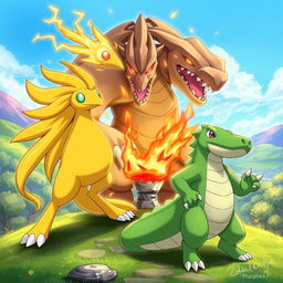 A dynamic and captivating illustration featuring a trio of Pokémon: Pharamp (Ampharos), Typhlosion, and a shiny Aligatueur (Crocodile)