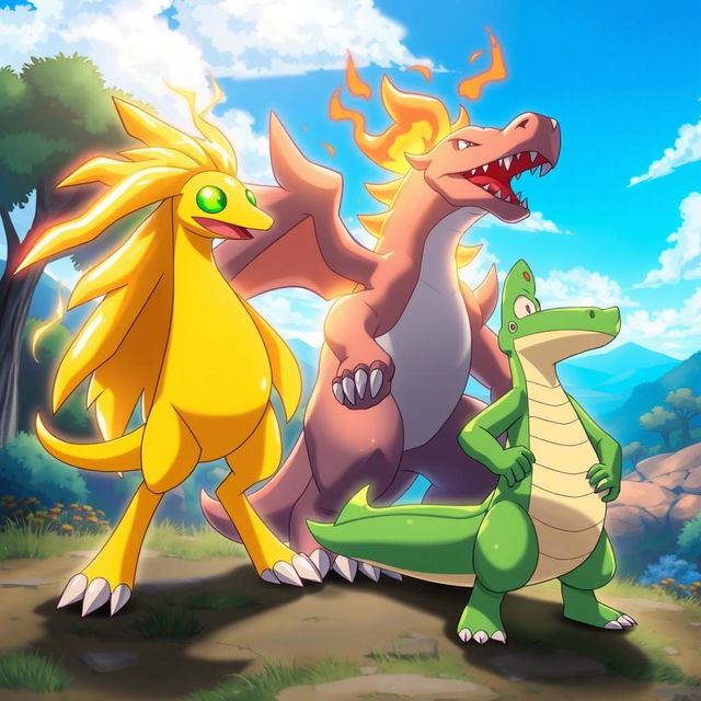 A dynamic and captivating illustration featuring a trio of Pokémon: Pharamp (Ampharos), Typhlosion, and a shiny Aligatueur (Crocodile)