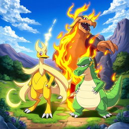 A dynamic and captivating illustration featuring a trio of Pokémon: Pharamp (Ampharos), Typhlosion, and a shiny Aligatueur (Crocodile)