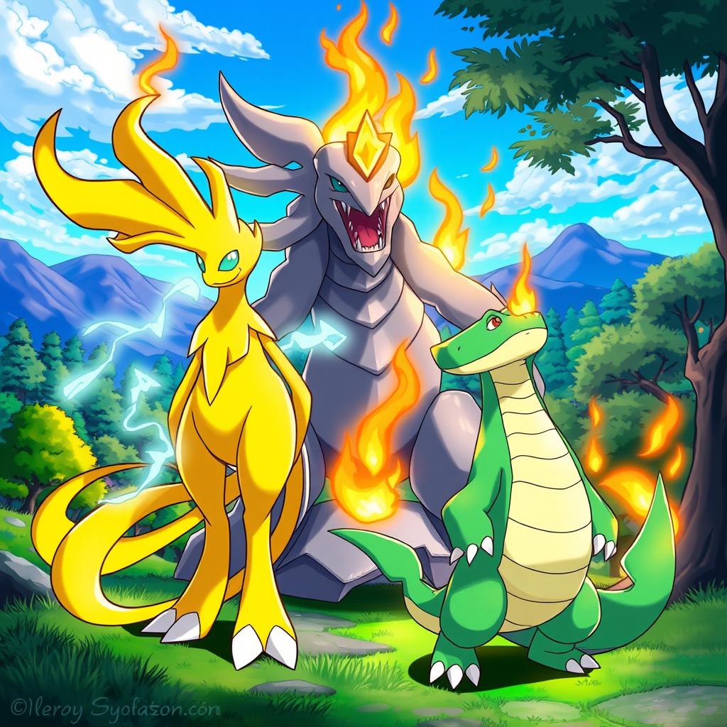 A dynamic and captivating illustration featuring a trio of Pokémon: Pharamp (Ampharos), Typhlosion, and a shiny Aligatueur (Crocodile)