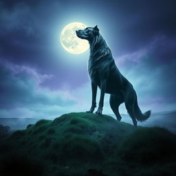 A book cover design showcasing a supernatural large hound standing majestically atop the Scottish Moors, with a bright, full moon illuminating the scene from behind