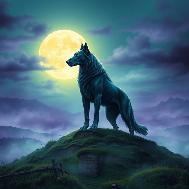 A book cover design showcasing a supernatural large hound standing majestically atop the Scottish Moors, with a bright, full moon illuminating the scene from behind