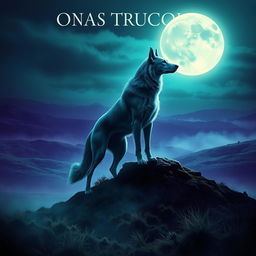 A book cover design showcasing a supernatural large hound standing majestically atop the Scottish Moors, with a bright, full moon illuminating the scene from behind