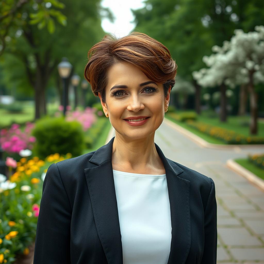 An alluring and sophisticated Russian woman aged 45-50 with a chic, fashionable hairstyle