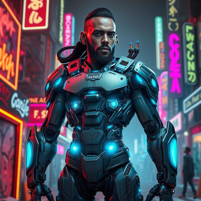 A futuristic cyborg that combines elements of George Floyd's likeness with a striking design featuring intricate circuits and elements inspired by urban culture