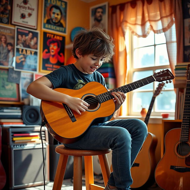 A teenage boy passionately playing the guitar, sitting on a wooden stool in a cozy room filled with musical posters and vibrant colors