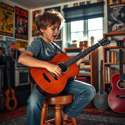 A teenage boy passionately playing the guitar, sitting on a wooden stool in a cozy room filled with musical posters and vibrant colors