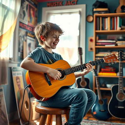 A teenage boy passionately playing the guitar, sitting on a wooden stool in a cozy room filled with musical posters and vibrant colors