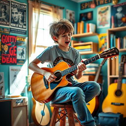 A teenage boy passionately playing the guitar, sitting on a wooden stool in a cozy room filled with musical posters and vibrant colors