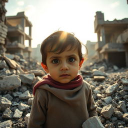 A poignant scene depicting a Syrian child amidst the ruins of destroyed buildings, expressive eyes filled with hope and resilience, rubble and debris surrounding them, showcasing the contrast between the innocence of childhood and the devastation of war