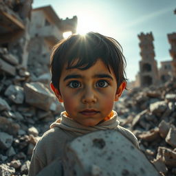 A poignant scene depicting a Syrian child amidst the ruins of destroyed buildings, expressive eyes filled with hope and resilience, rubble and debris surrounding them, showcasing the contrast between the innocence of childhood and the devastation of war