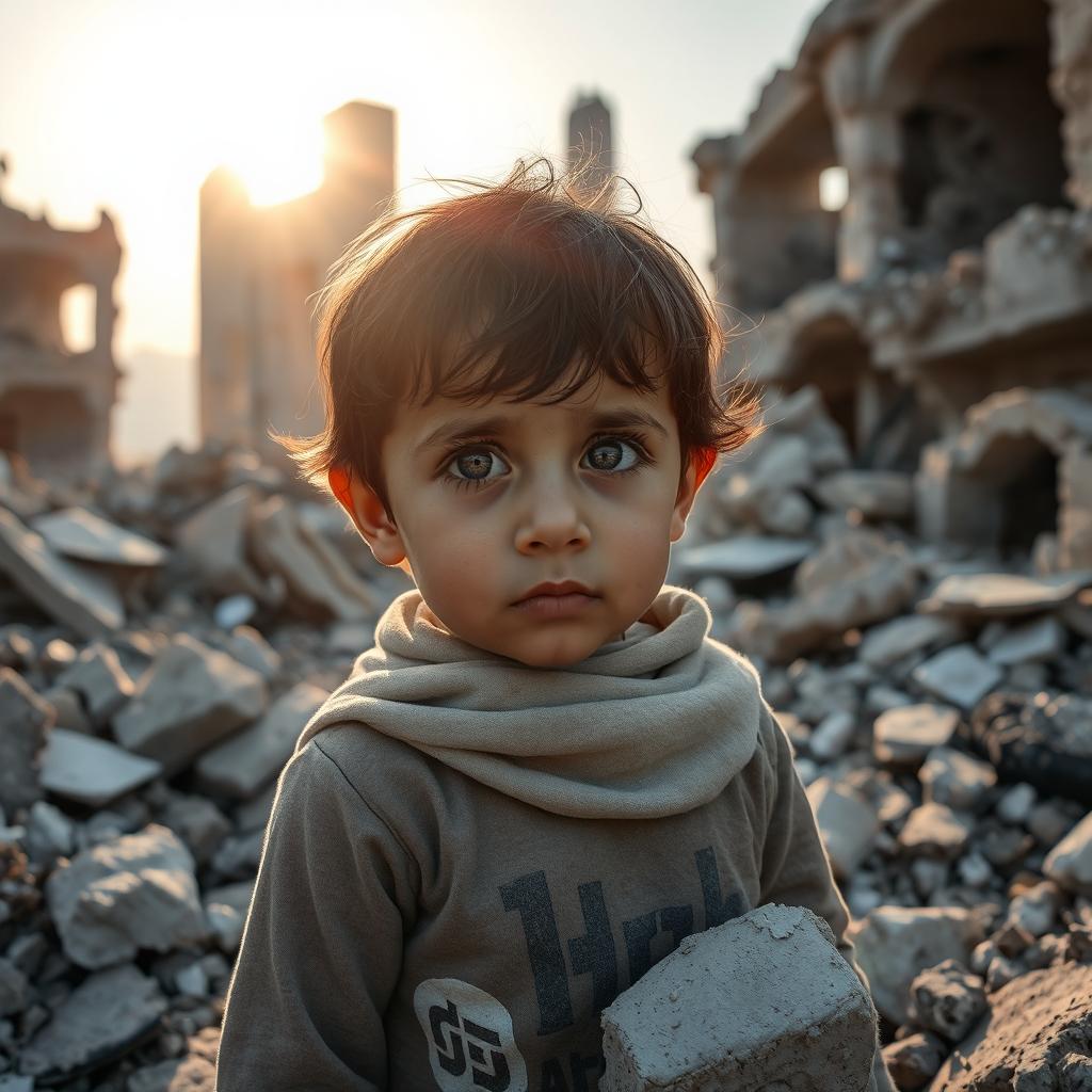 A poignant scene depicting a Syrian child amidst the ruins of destroyed buildings, expressive eyes filled with hope and resilience, rubble and debris surrounding them, showcasing the contrast between the innocence of childhood and the devastation of war