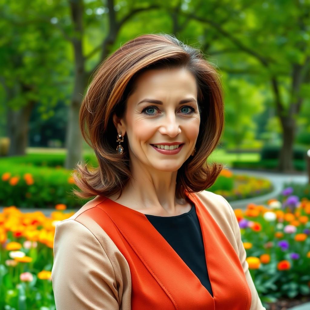 A sophisticated and alluring Russian woman aged 45-50 with a modern and stylish hairstyle