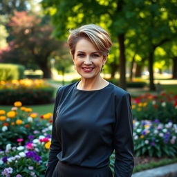 A sophisticated and alluring Russian woman aged 45-50 with a modern and stylish hairstyle
