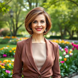 A sophisticated and alluring Russian woman aged 45-50 with a modern and stylish hairstyle