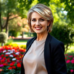 A sophisticated and alluring Russian woman aged 45-50 with a modern and stylish hairstyle