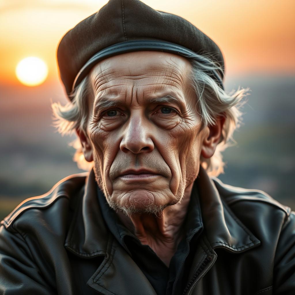 A portrait of an elderly Che Guevara, characterized by his distinct features and iconic beret