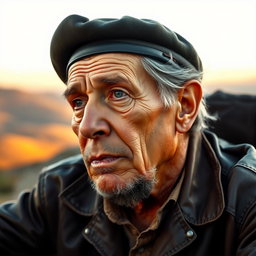 A portrait of an elderly Che Guevara, characterized by his distinct features and iconic beret