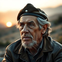 A portrait of an elderly Che Guevara, characterized by his distinct features and iconic beret
