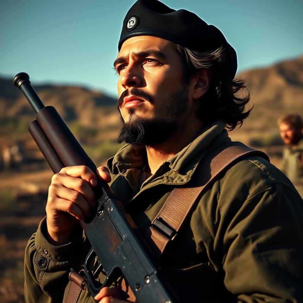 A powerful portrait of Che Guevara holding a rifle, exuding charisma and determination