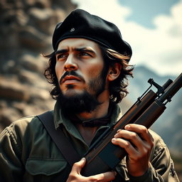 A powerful portrait of Che Guevara holding a rifle, exuding charisma and determination
