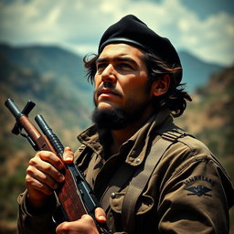 A powerful portrait of Che Guevara holding a rifle, exuding charisma and determination