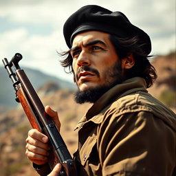 A powerful portrait of Che Guevara holding a rifle, exuding charisma and determination