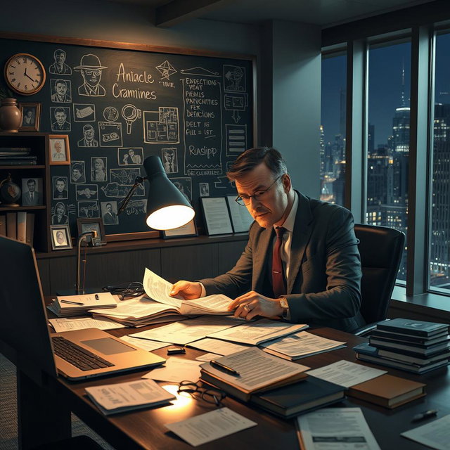 A sophisticated scene where a detective, dressed in a tailored suit, is sitting at a sleek modern desk cluttered with documents, a laptop, and a magnifying glass