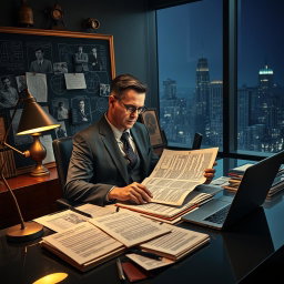 A sophisticated scene where a detective, dressed in a tailored suit, is sitting at a sleek modern desk cluttered with documents, a laptop, and a magnifying glass