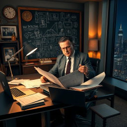 A sophisticated scene where a detective, dressed in a tailored suit, is sitting at a sleek modern desk cluttered with documents, a laptop, and a magnifying glass