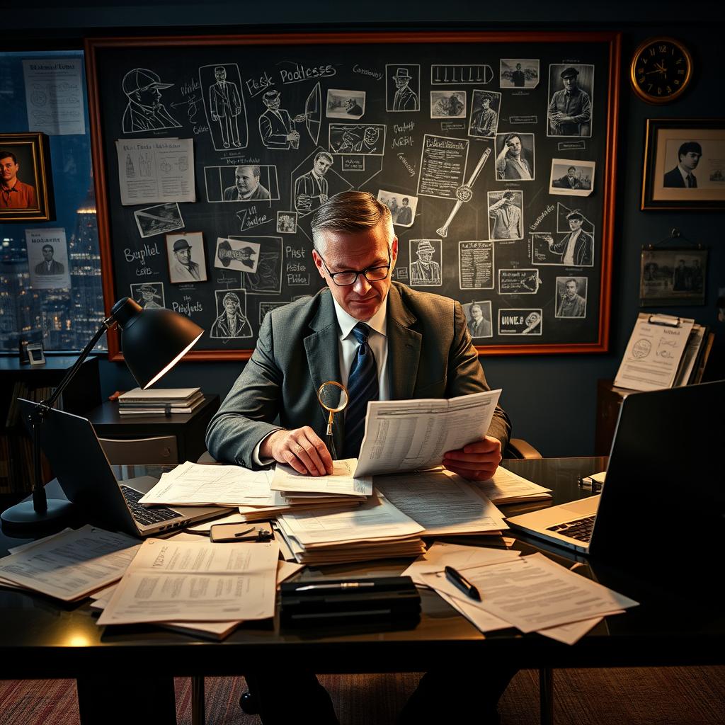 A sophisticated scene where a detective, dressed in a tailored suit, is sitting at a sleek modern desk cluttered with documents, a laptop, and a magnifying glass